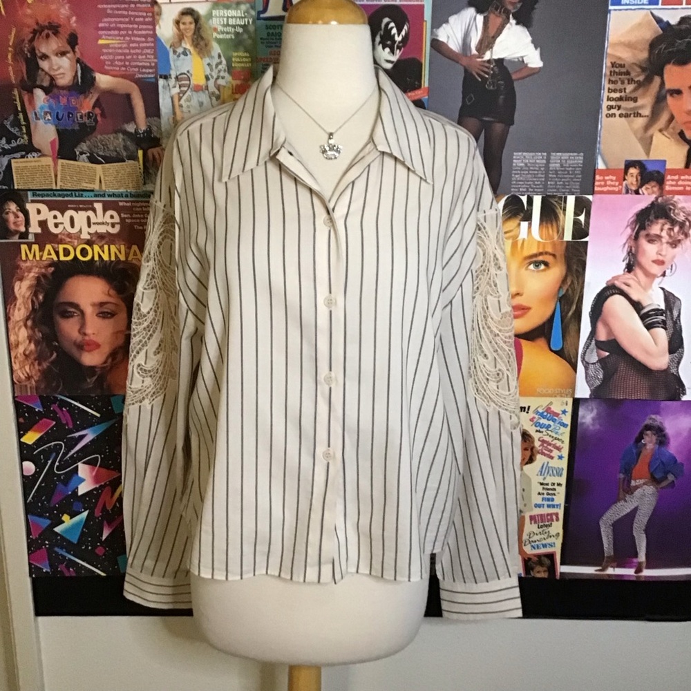 Zara Cream and Black Striped Button-Down Shirt with Lace Elbow Panels